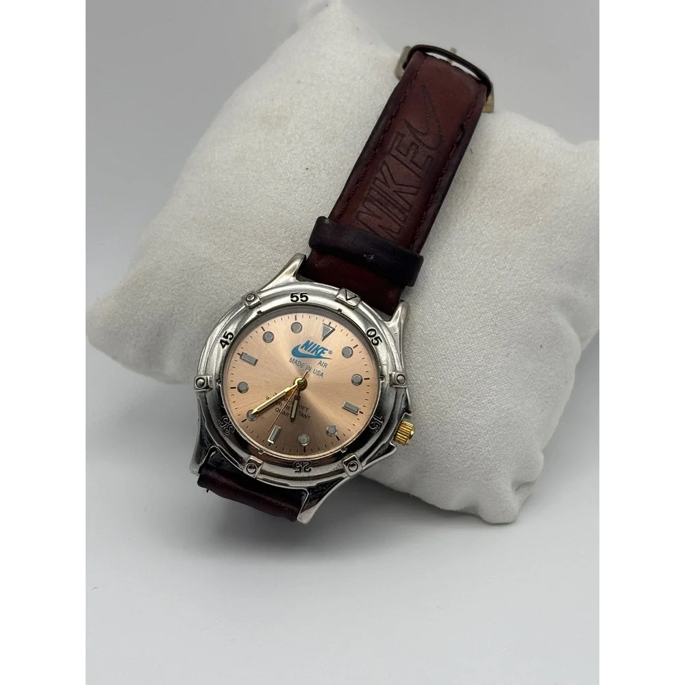 Vintage Nike Air Made in USA Watch Brown Leather Strap 5268K Silver Gold Tone